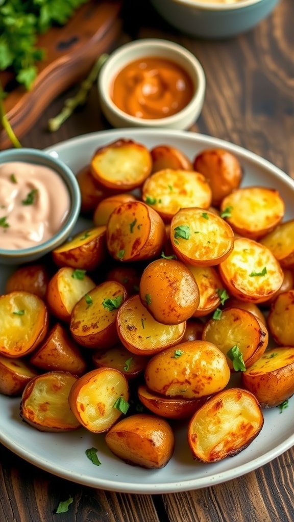 Crispy air fryer baby potatoes garnished with herbs on a rustic wooden table.